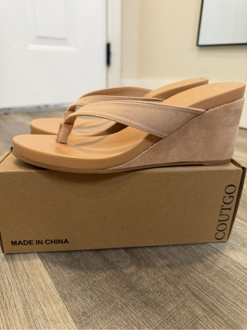 Coutgo Nude Suede Wedge Flip-Flop Sandals